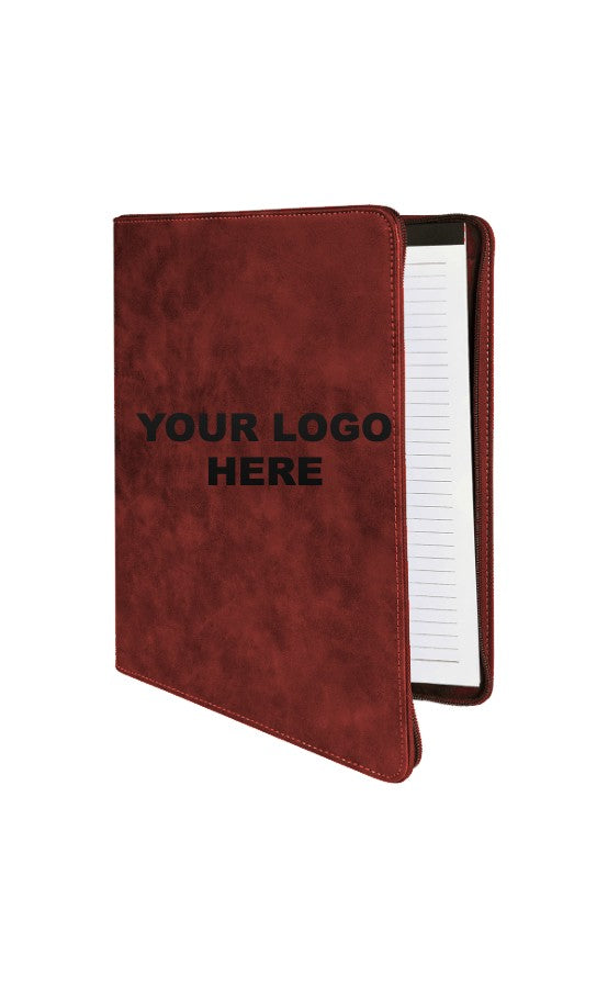 Leatherette zipper portfolio in Rose with YOUR LOGO HERE engraving placement