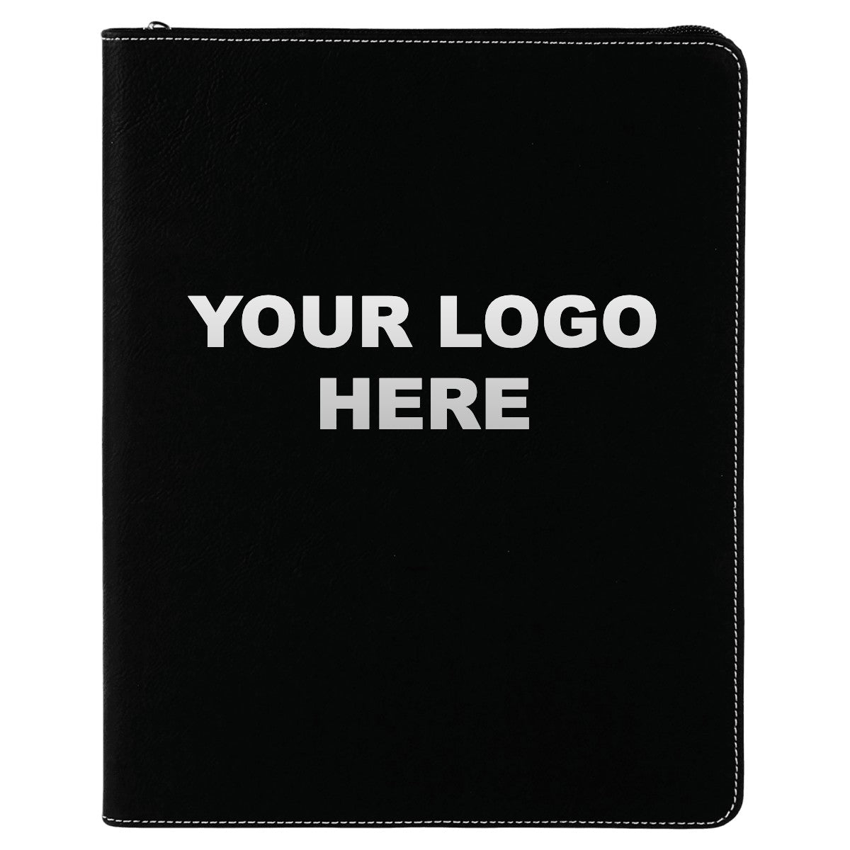 Leatherette zipper portfolio in Black/Silver with YOUR LOGO HERE engraving placement