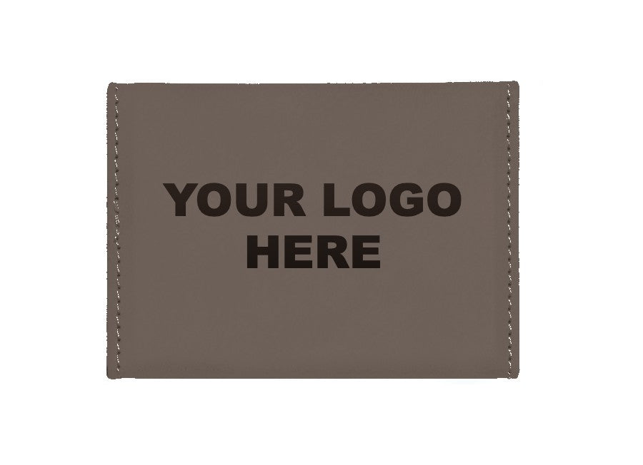 Leatherette business card holder in Gray with YOUR LOGO HERE engraving placement