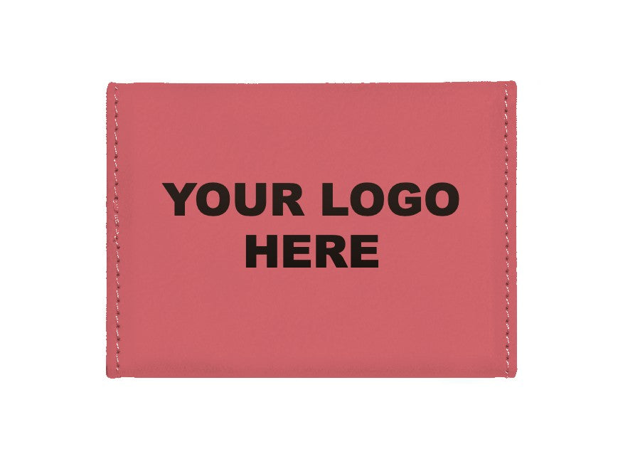 Leatherette business card holder in Pink with YOUR LOGO HERE engraving placement