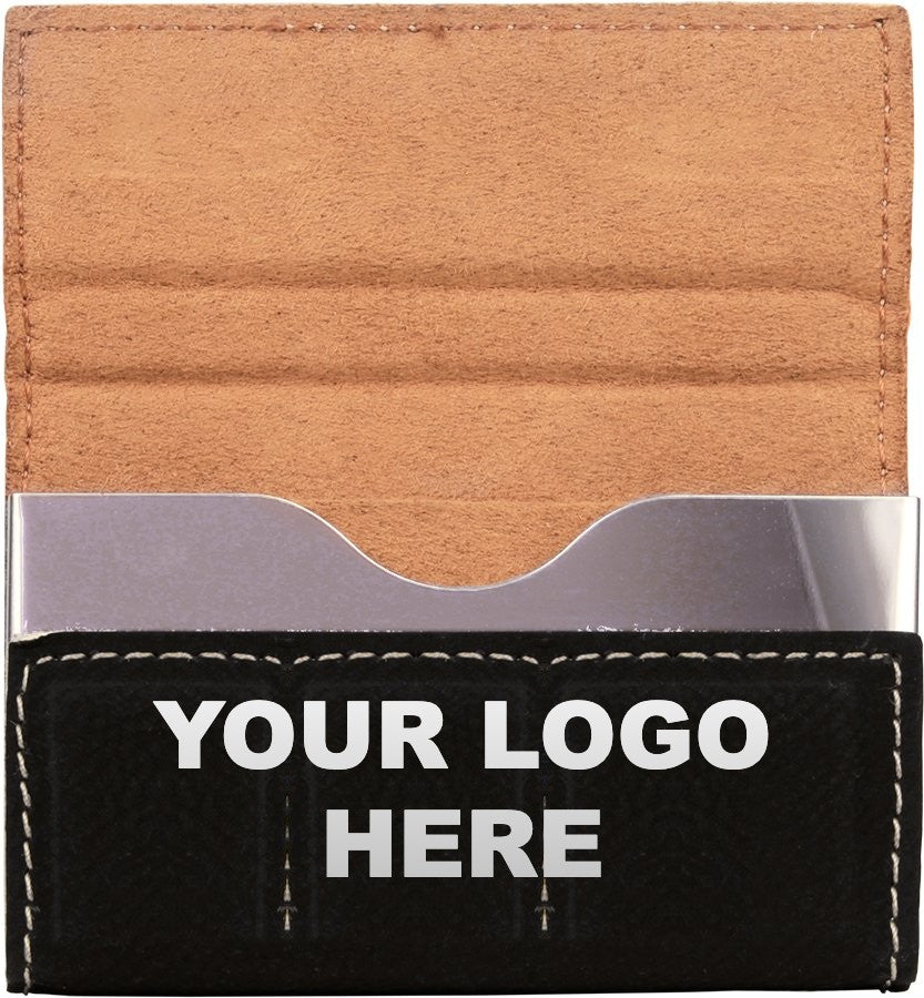 Leatherette business card holder in Black/Silver with YOUR LOGO HERE engraving placement