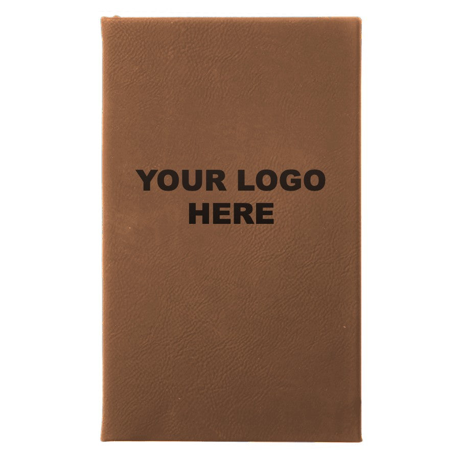Leatherette journal in Dark Brown with YOUR LOGO HERE engraving placement