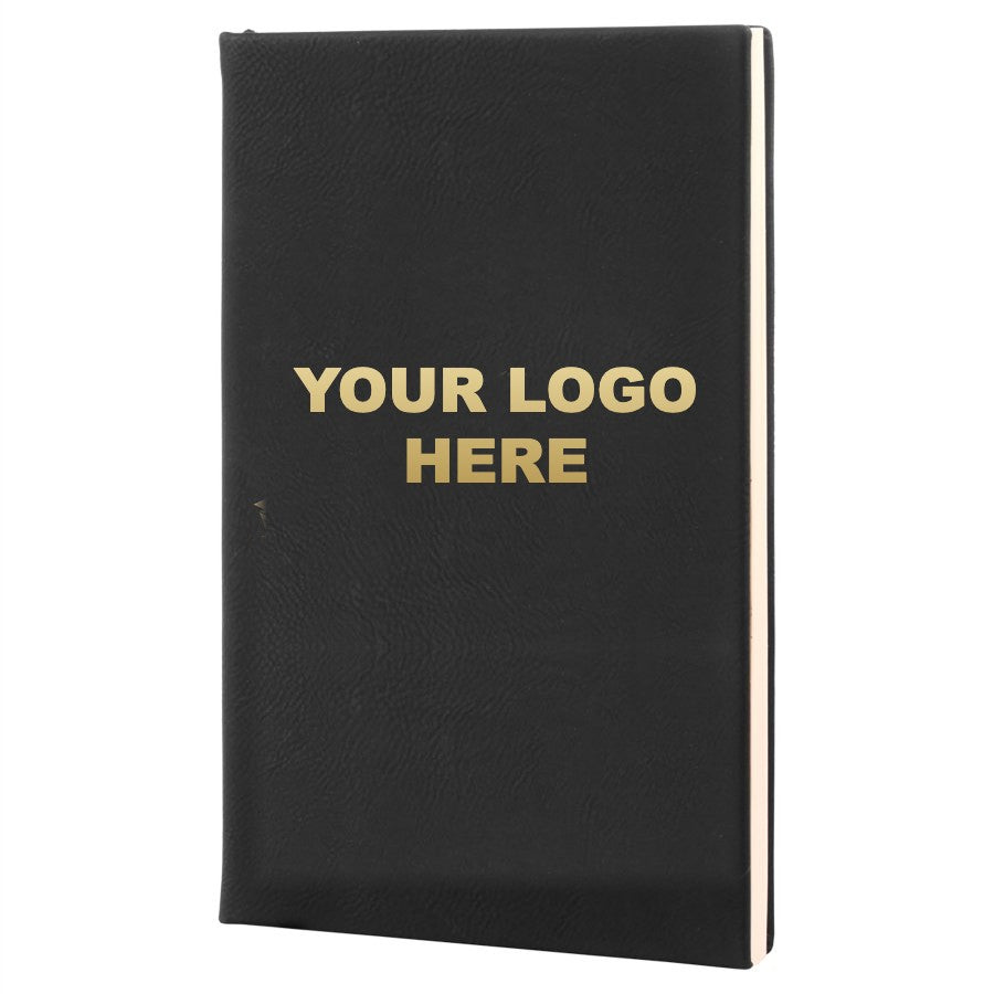 Leatherette journal in Black/Gold with YOUR LOGO HERE engraving placement