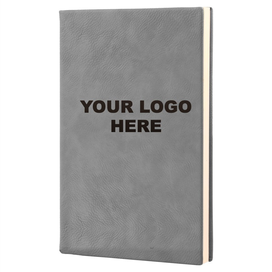 Leatherette journal in Gray with YOUR LOGO HERE engraving placement