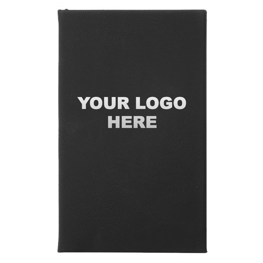 Leatherette journal in Black/Silver with YOUR LOGO HERE engraving placement