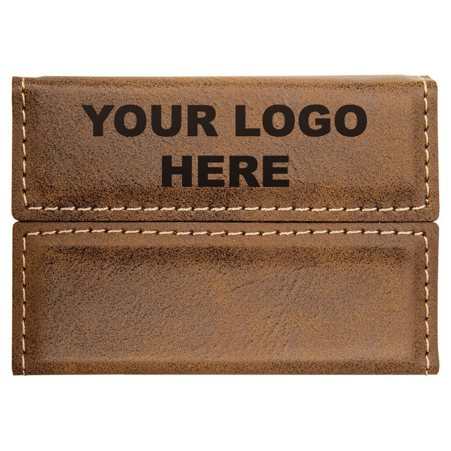 Leatherette business card holder in Rustic/Gold with YOUR LOGO HERE engraving placement
