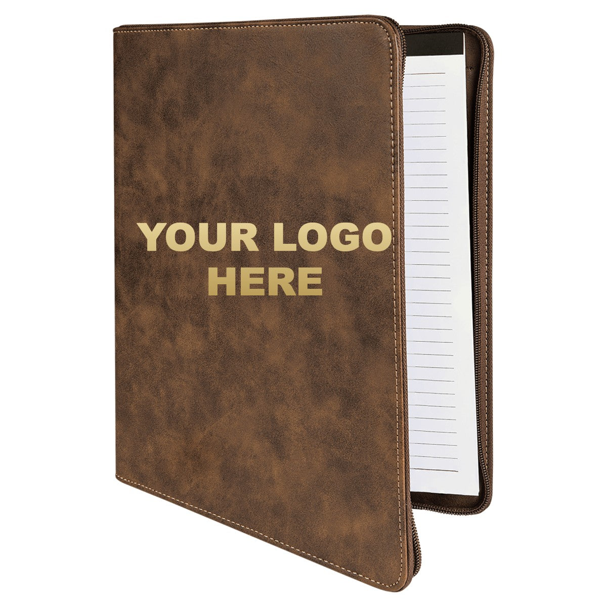Leatherette zipper portfolio in Rustic/Gold with YOUR LOGO HERE engraving placement