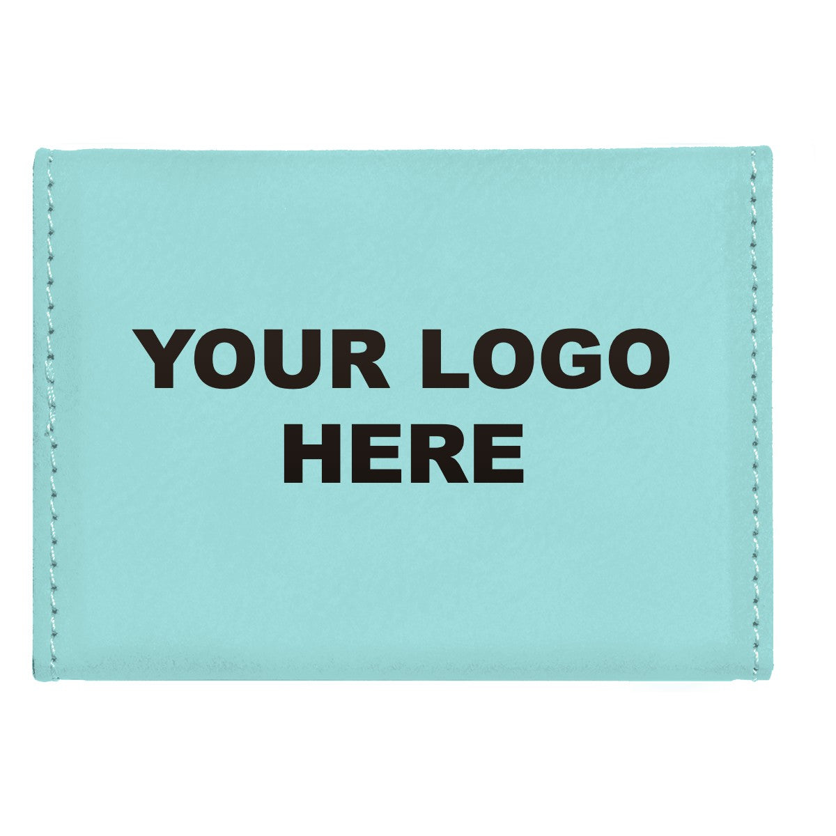 Leatherette business card holder in Teal with YOUR LOGO HERE engraving placement
