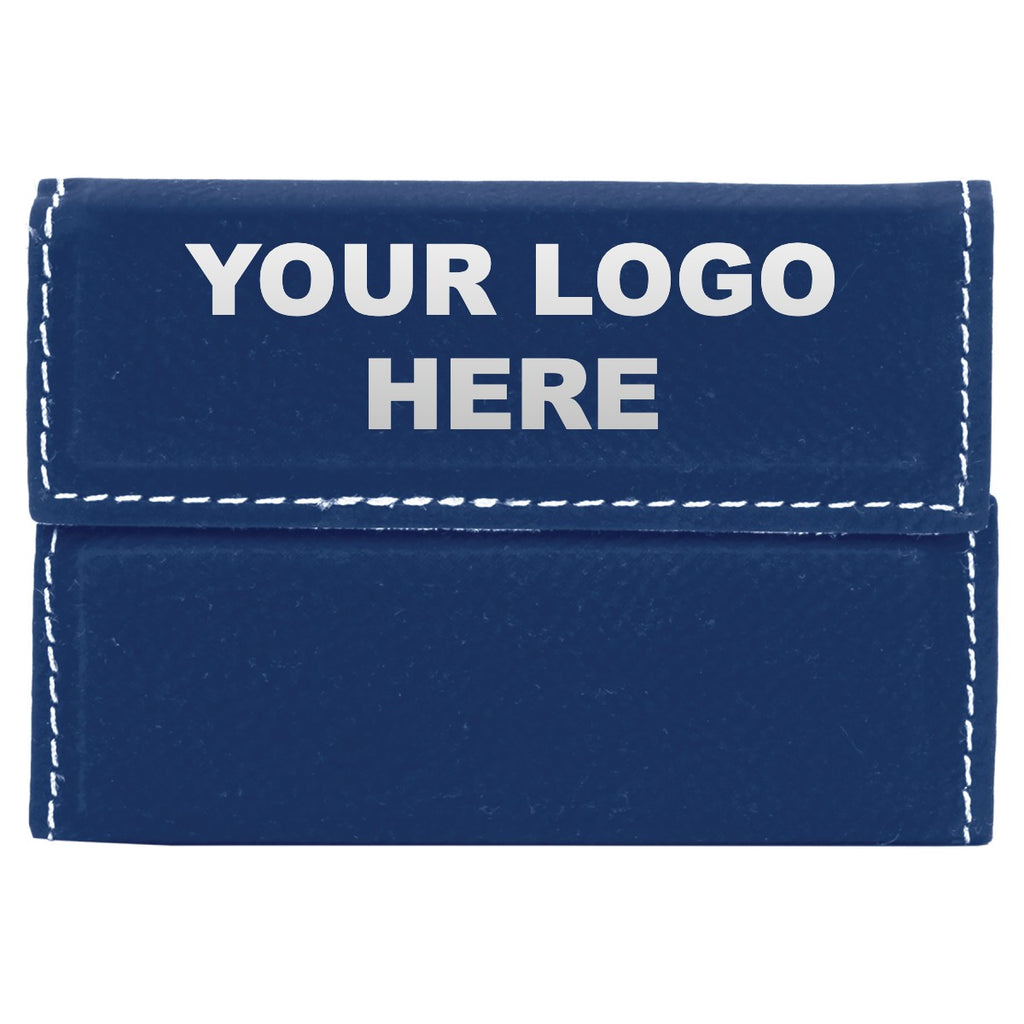 Leatherette business card holder in Blue/Silver with YOUR LOGO HERE engraving placement