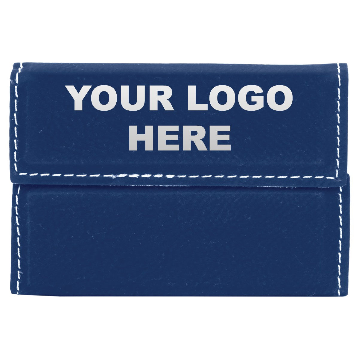 Leatherette business card holder in Blue/Silver with YOUR LOGO HERE engraving placement