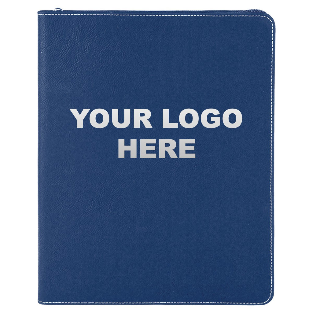 Leatherette zipper portfolio in Blue/Silver with YOUR LOGO HERE engraving placement