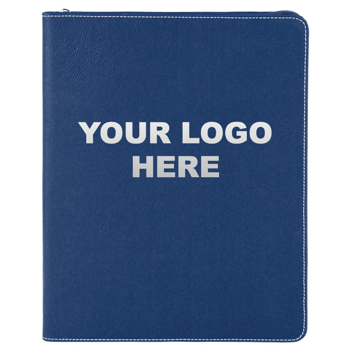 Leatherette zipper portfolio in Blue/Silver with YOUR LOGO HERE engraving placement