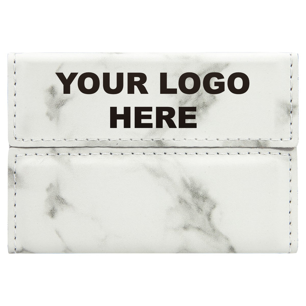 Leatherette business card holder in White Marble with YOUR LOGO HERE engraving placement
