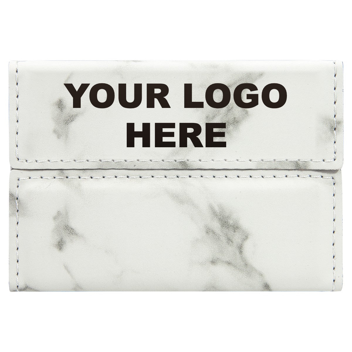 Leatherette business card holder in White Marble with YOUR LOGO HERE engraving placement
