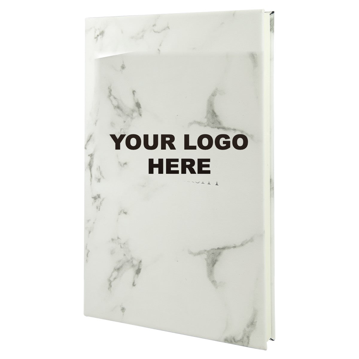 Leatherette journal in White Marble with YOUR LOGO HERE engraving placement