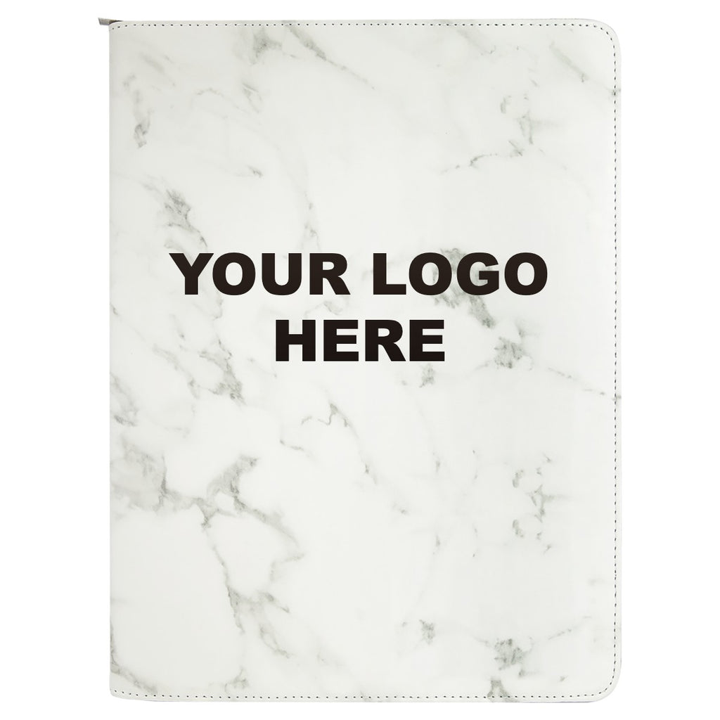 Leatherette zipper portfolio in White Marble with YOUR LOGO HERE engraving placement