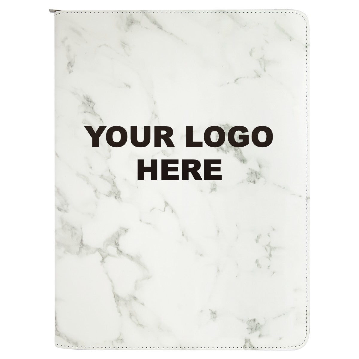 Leatherette zipper portfolio in White Marble with YOUR LOGO HERE engraving placement