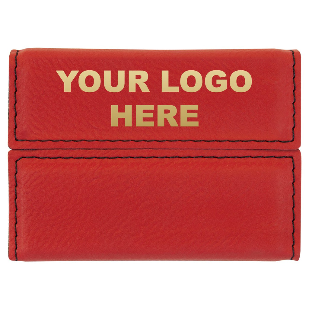 Leatherette business card holder in Red with YOUR LOGO HERE engraving placement