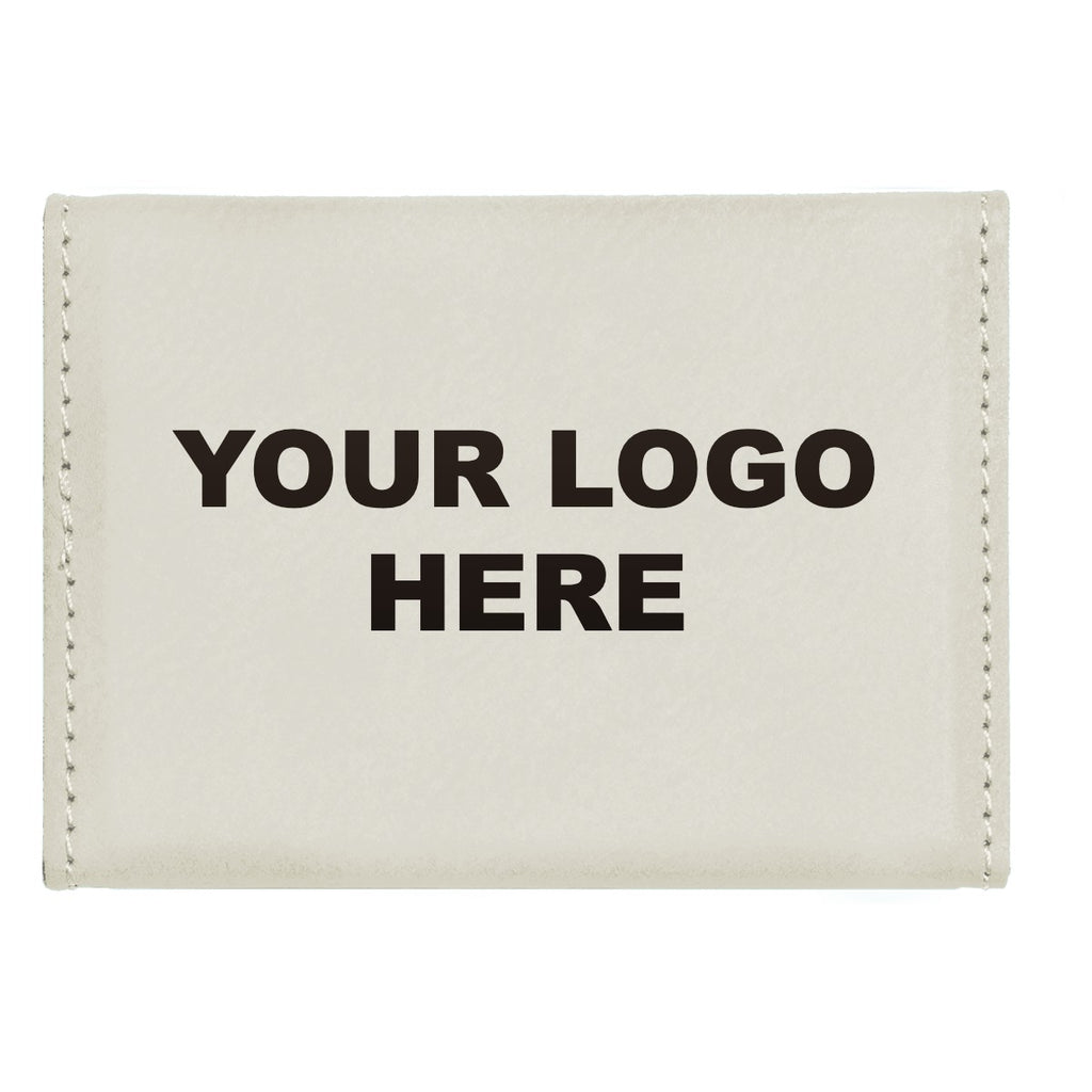 Leatherette business card holder in White with YOUR LOGO HERE engraving placement
