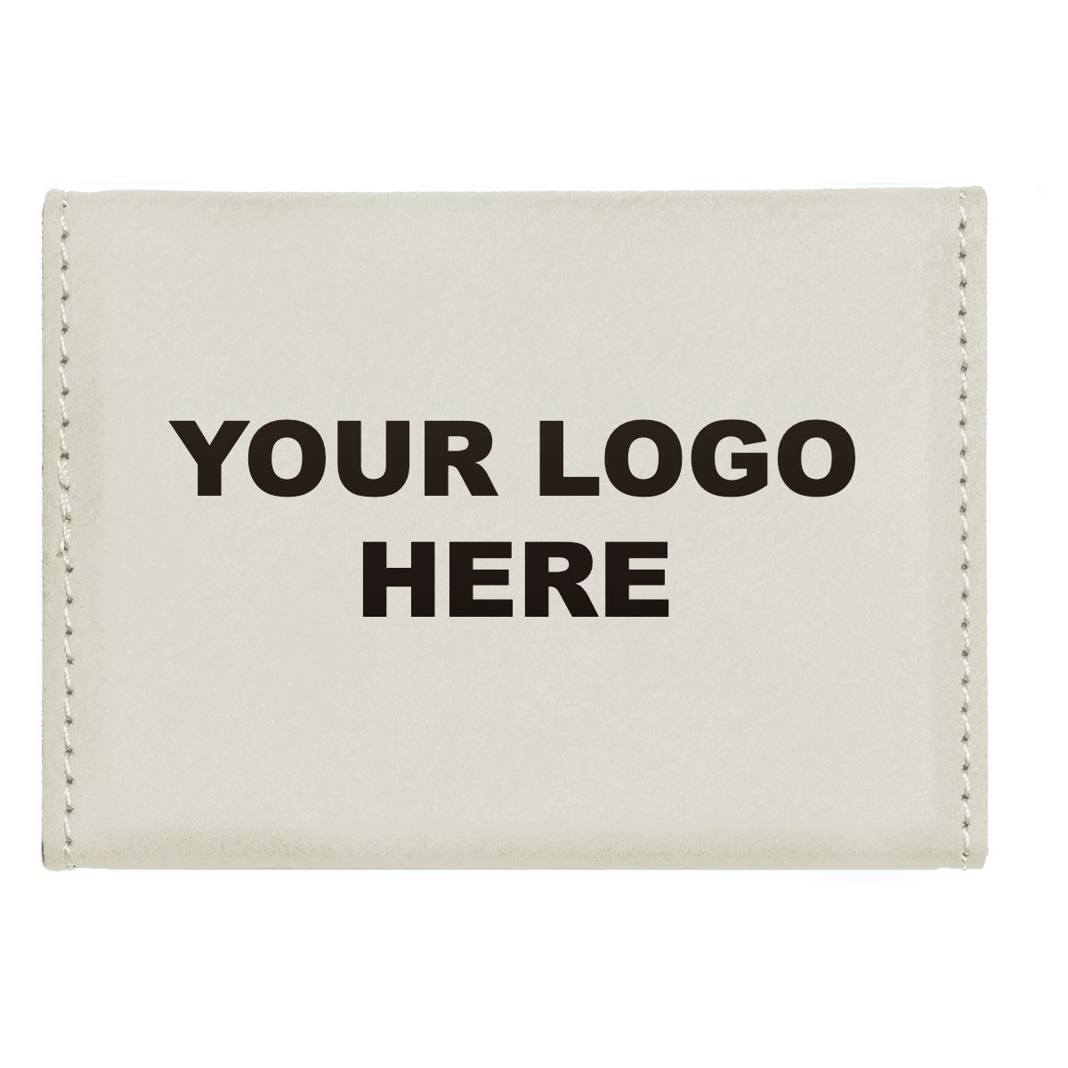 Leatherette business card holder in White with YOUR LOGO HERE engraving placement