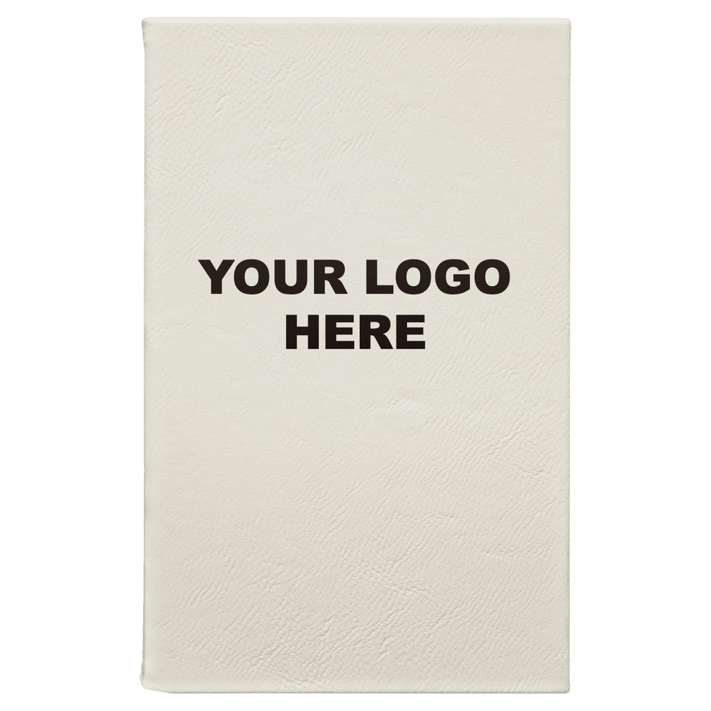 Leatherette journal in White/Black with YOUR LOGO HERE engraving placement