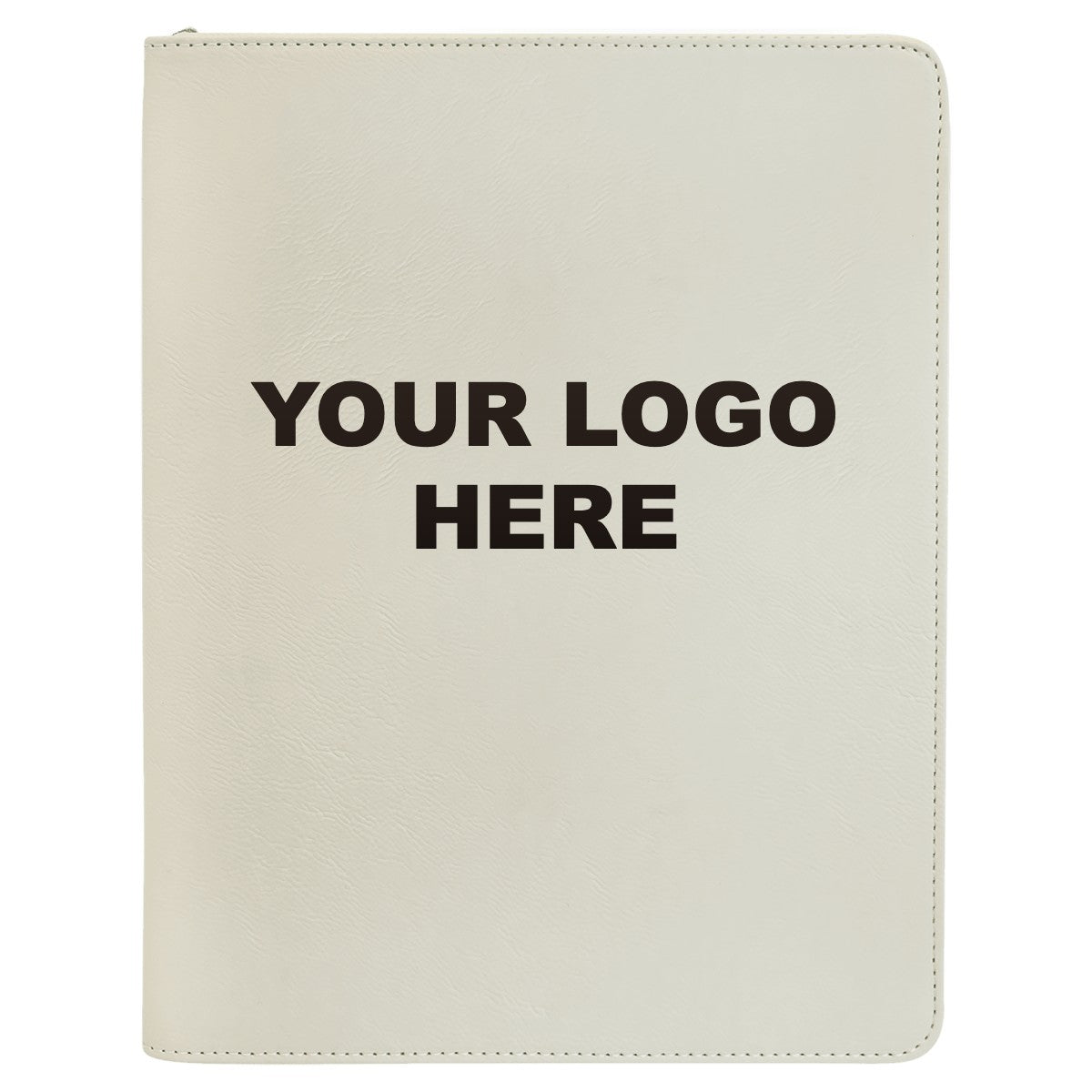 Leatherette zipper portfolio in White with YOUR LOGO HERE engraving placement