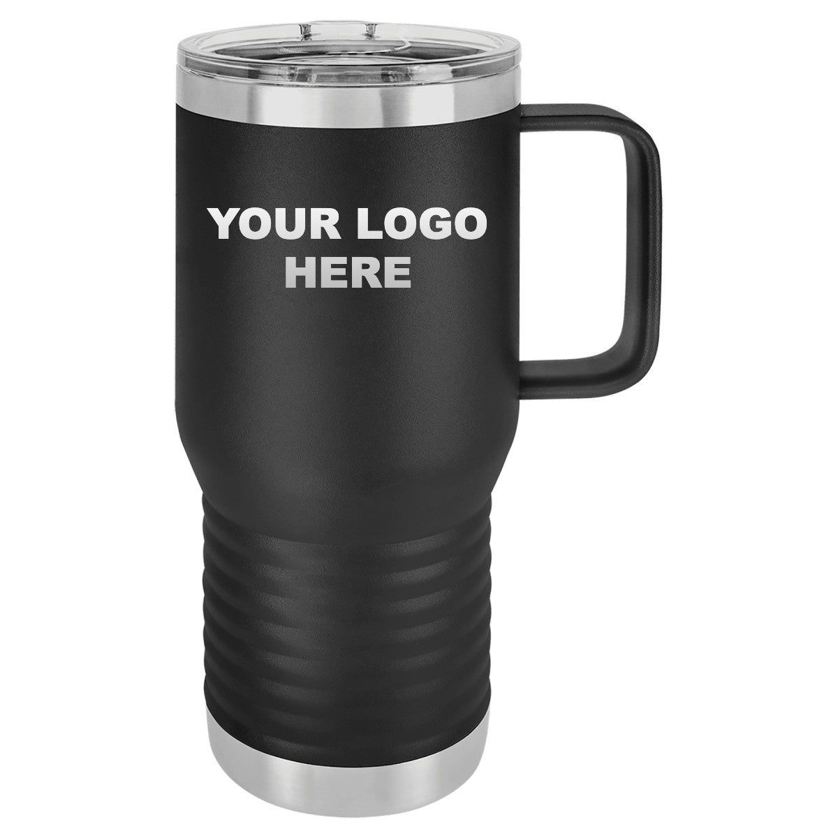 20 oz. coffee travel mug in Black with YOUR LOGO HERE engraving placement