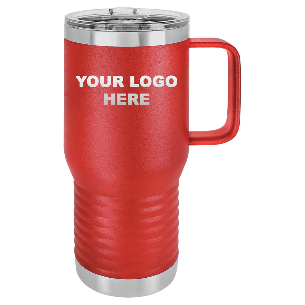 20 oz. coffee travel mug in Red with YOUR LOGO HERE engraving placement