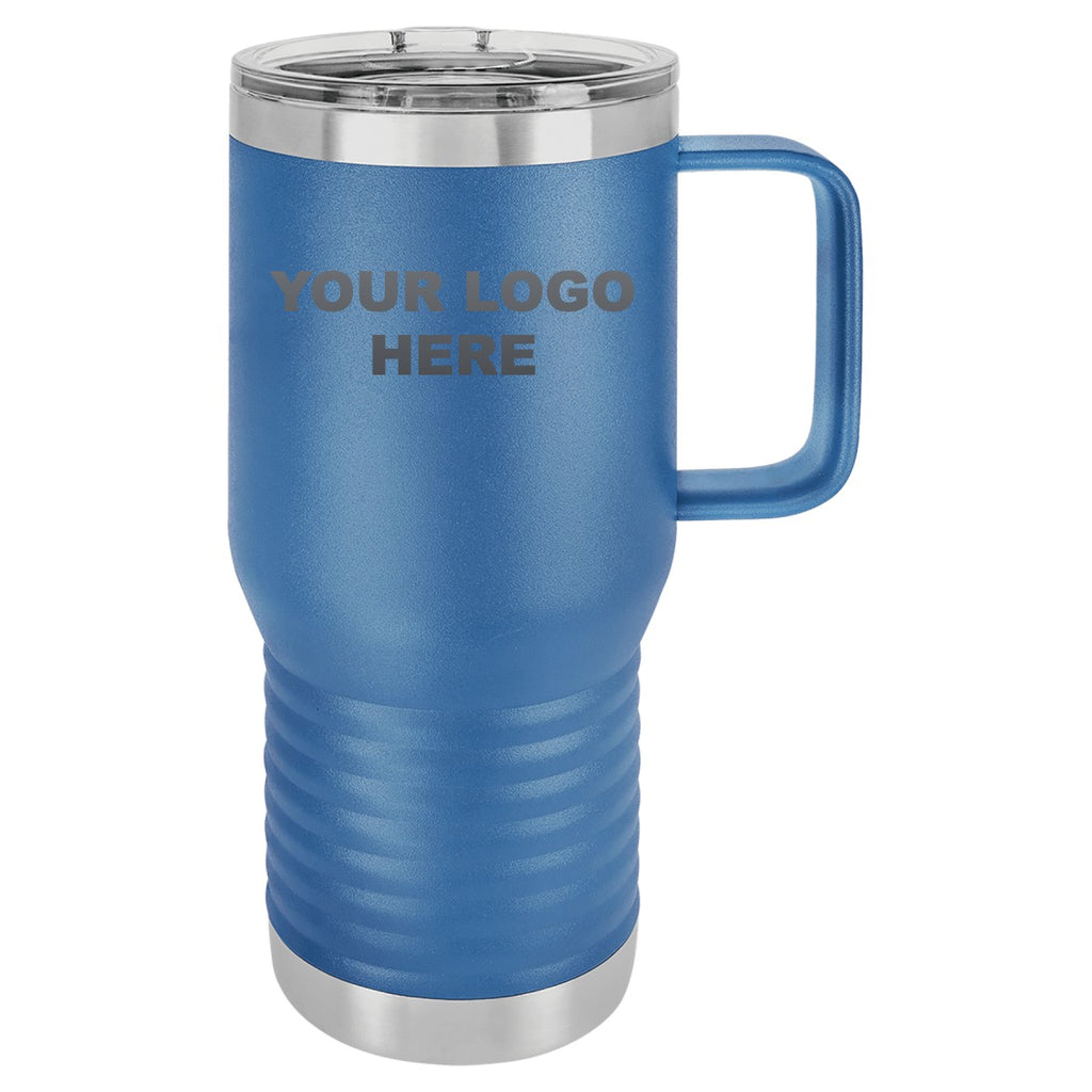 20 oz. coffee travel mug in Royal Blue with YOUR LOGO HERE engraving placement