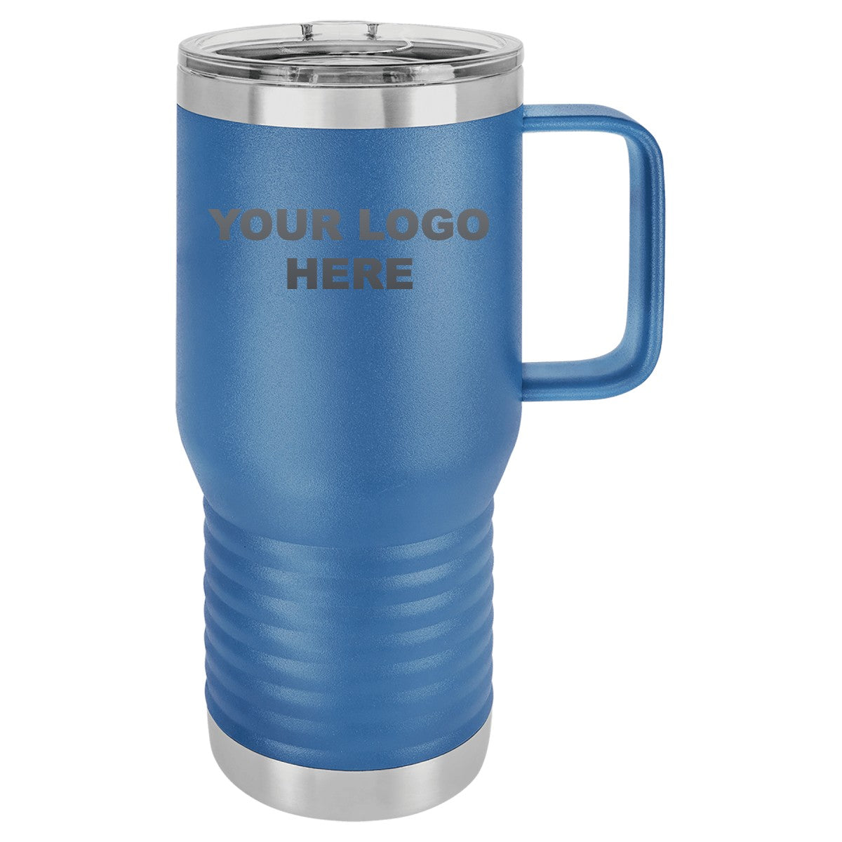 20 oz. coffee travel mug in Royal Blue with YOUR LOGO HERE engraving placement