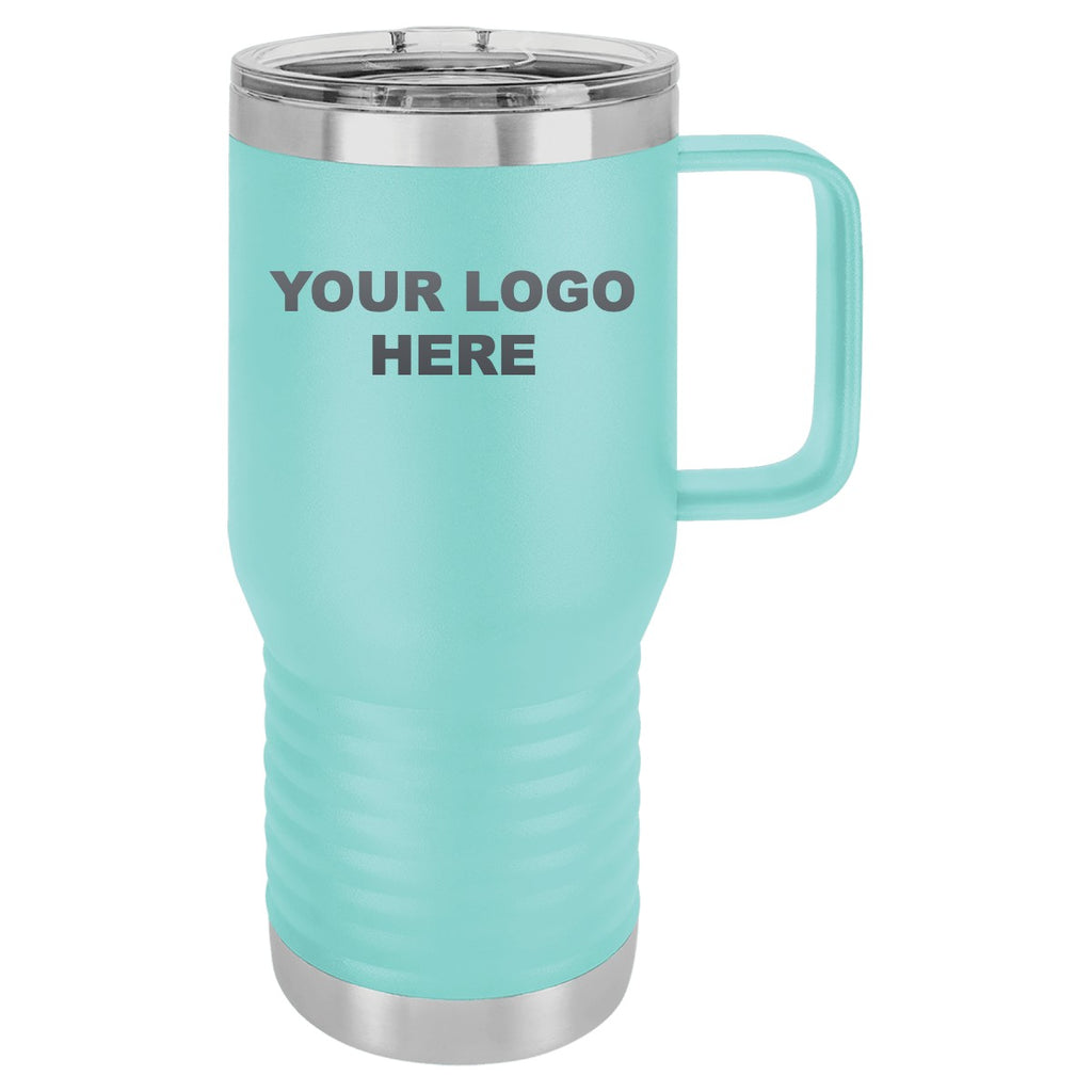 20 oz. coffee travel mug in Teal with YOUR LOGO HERE engraving placement
