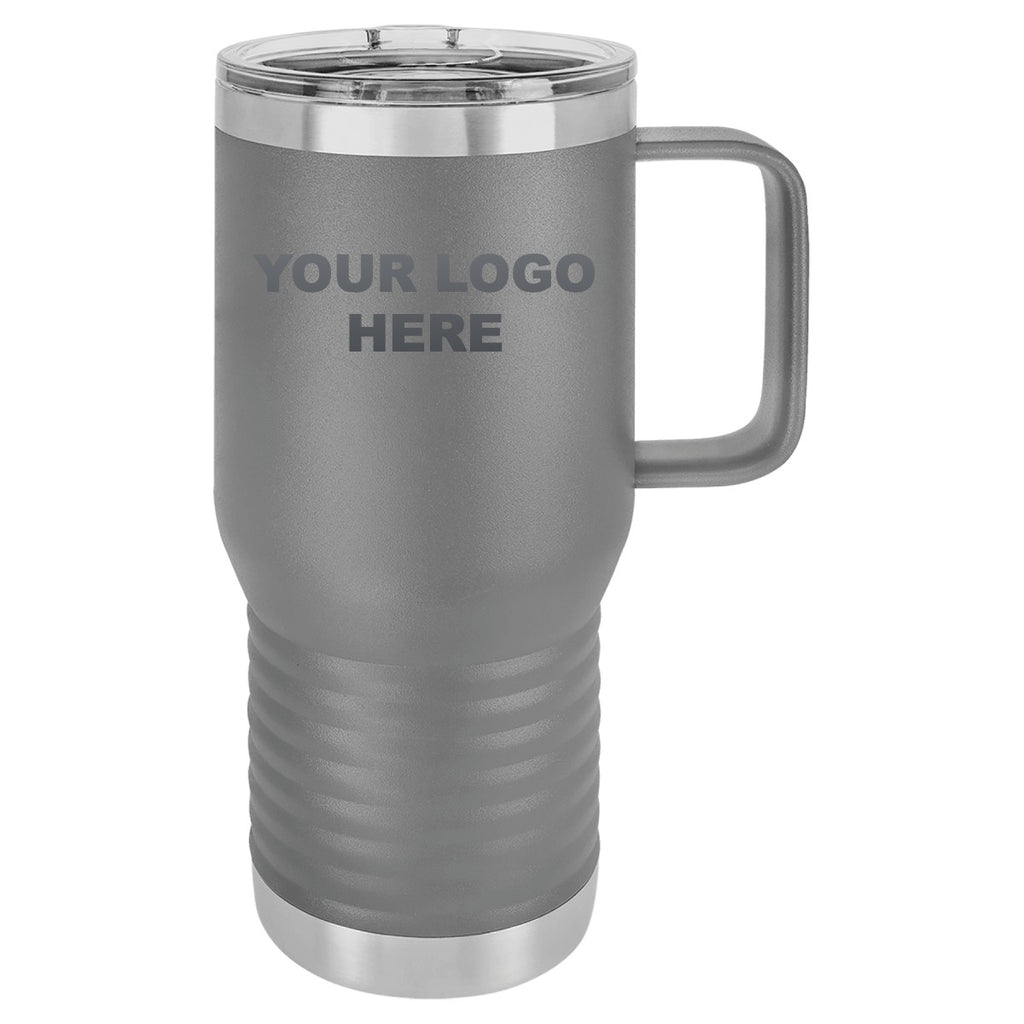 20 oz. coffee travel mug in Dark Gray with YOUR LOGO HERE engraving placement