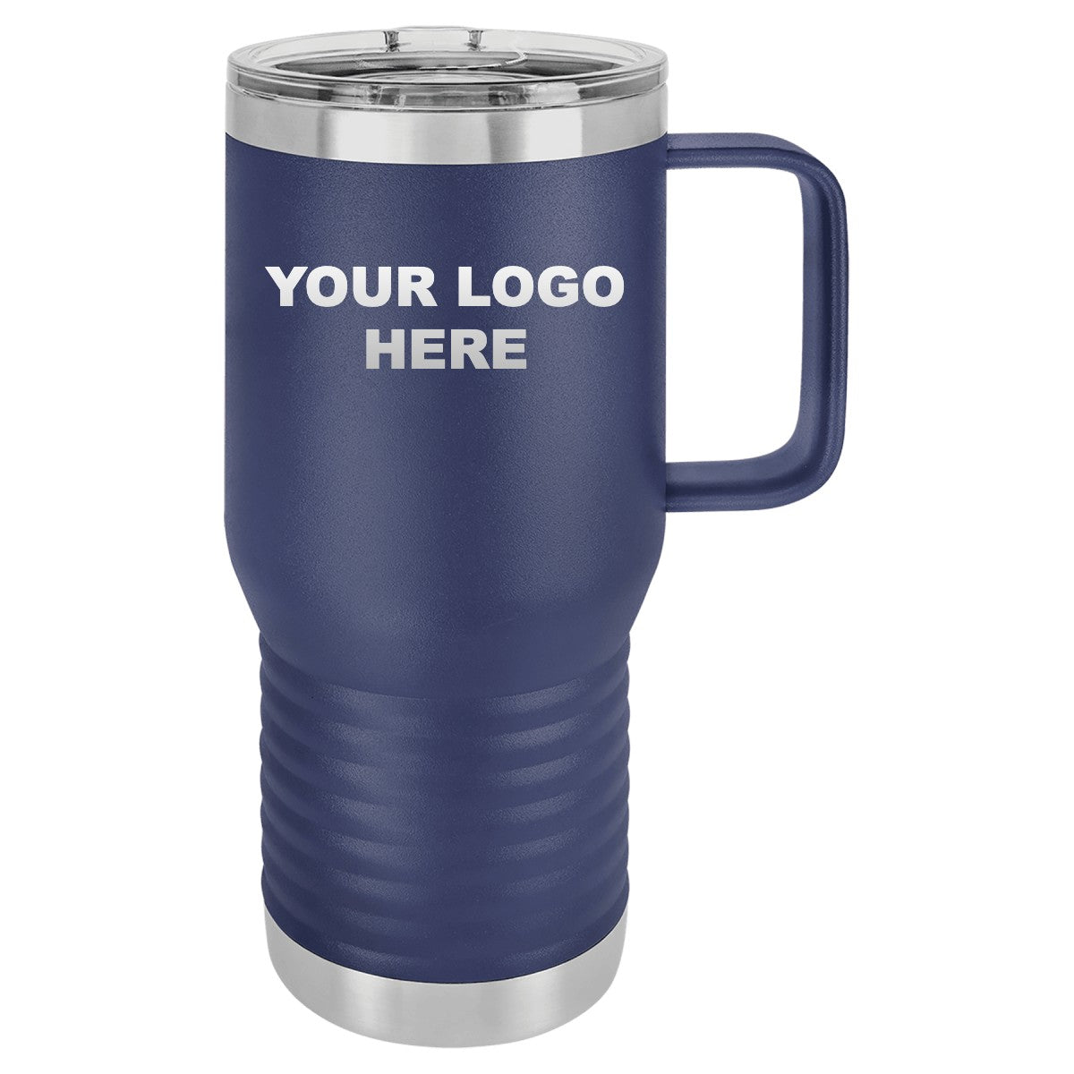 20 oz. coffee travel mug in Navy Blue with YOUR LOGO HERE engraving placement