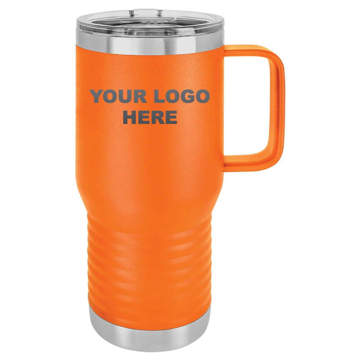 20 oz. coffee travel mug in Orange with YOUR LOGO HERE engraving placement