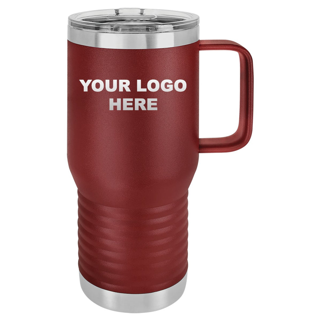 20 oz. coffee travel mug in Maroon with YOUR LOGO HERE engraving placement