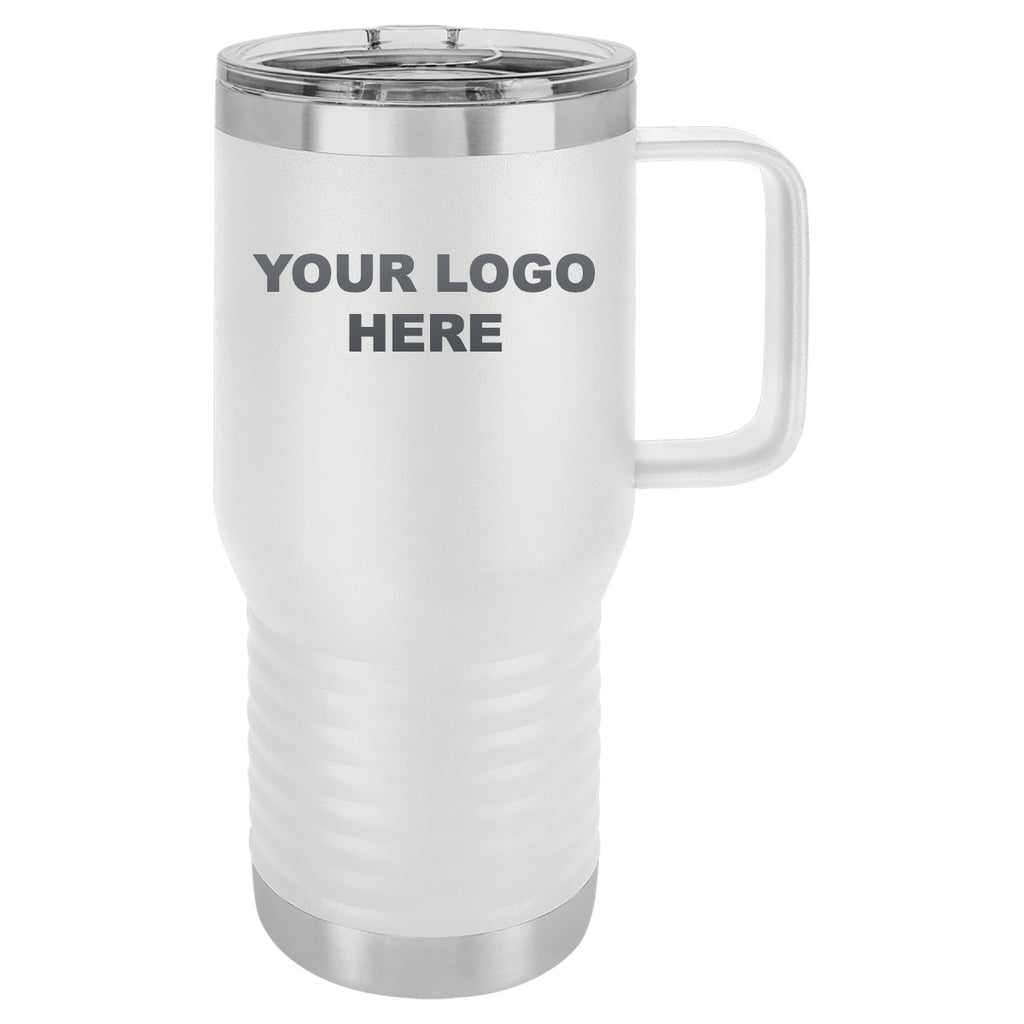 20 oz. coffee travel mug in White with YOUR LOGO HERE engraving placement