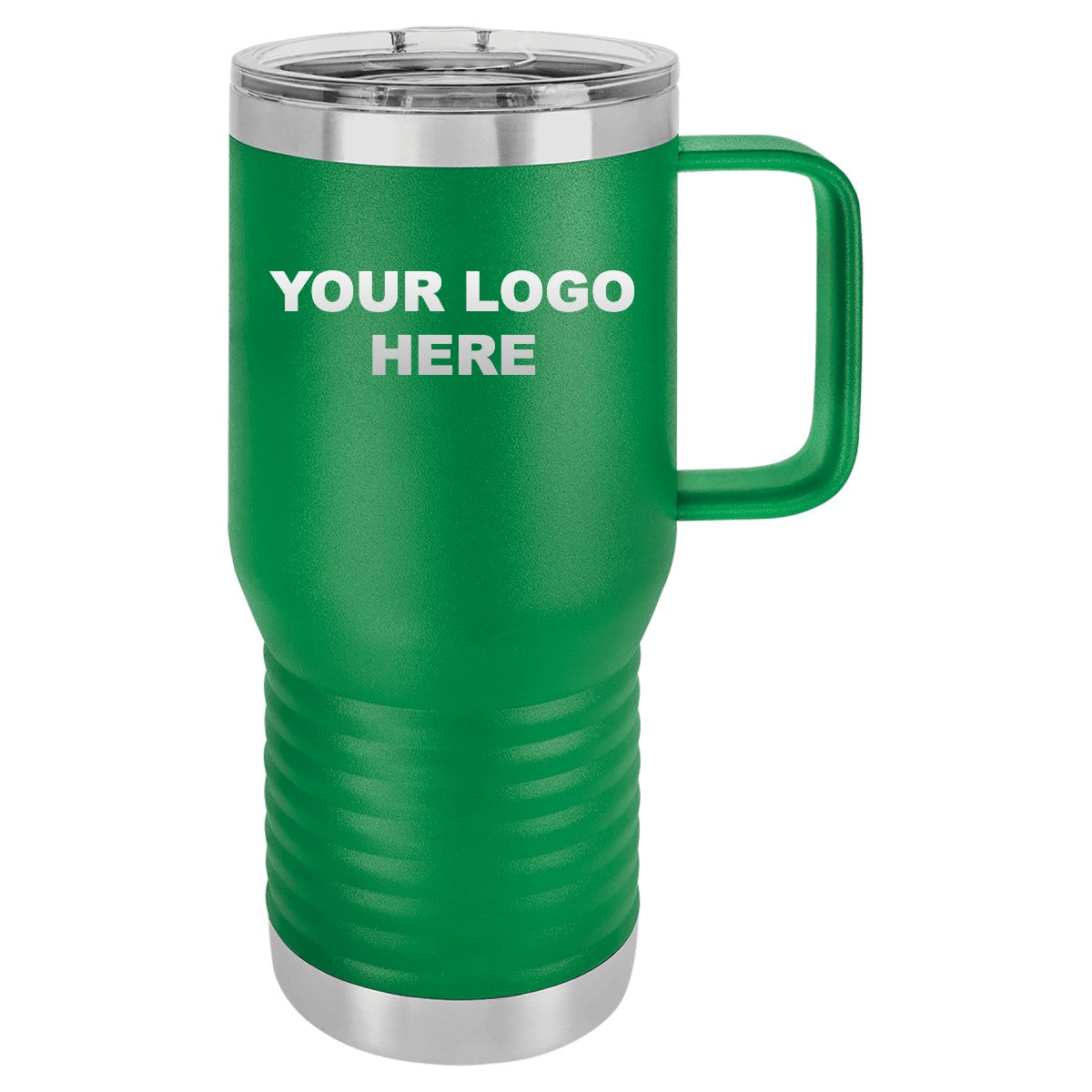 20 oz. coffee travel mug in Green with YOUR LOGO HERE engraving placement