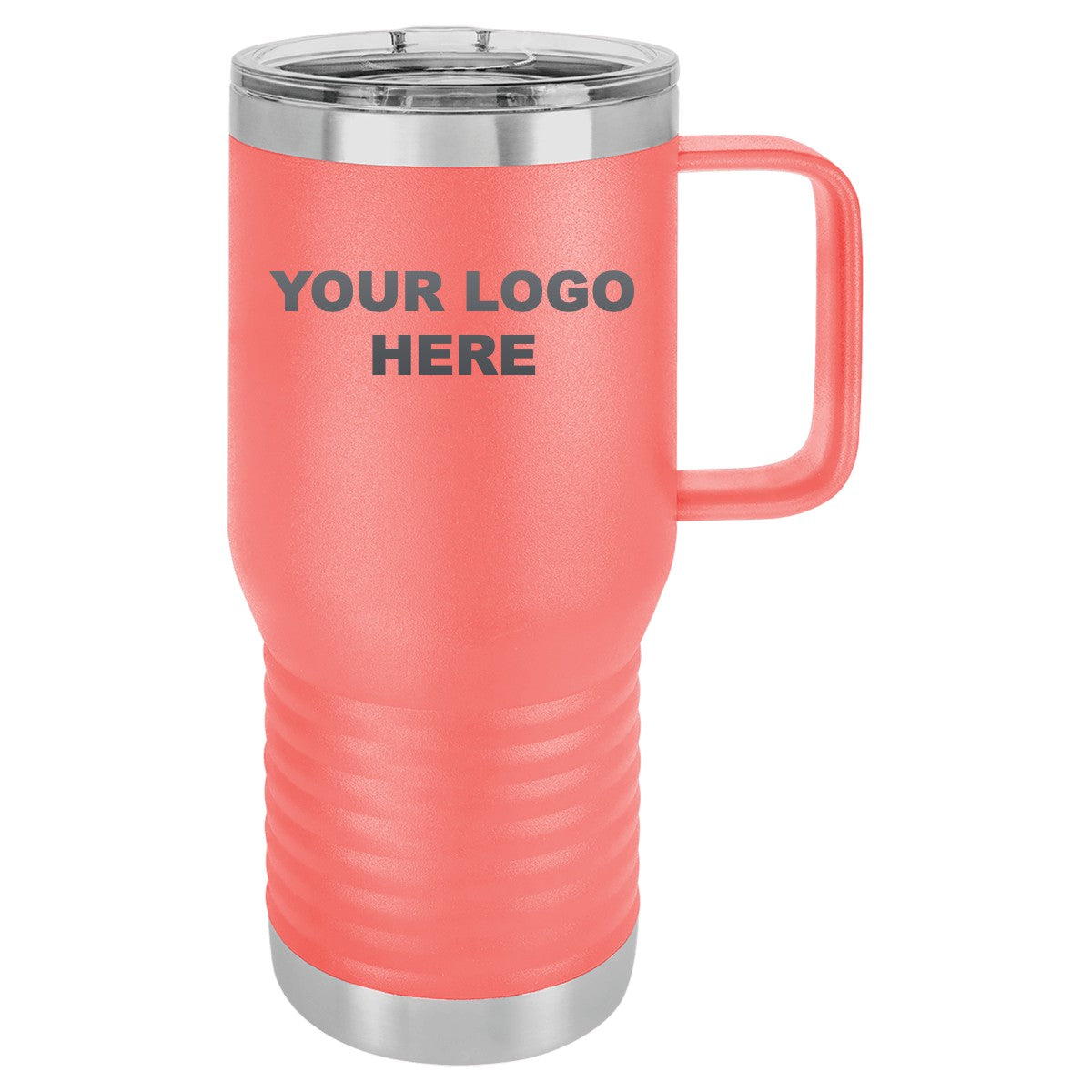 20 oz. coffee travel mug in Coral with YOUR LOGO HERE engraving placement