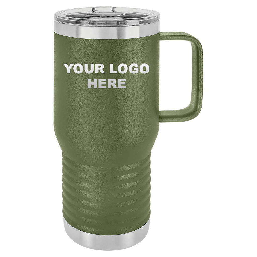 20 oz. coffee travel mug in Olive Green with YOUR LOGO HERE engraving placement