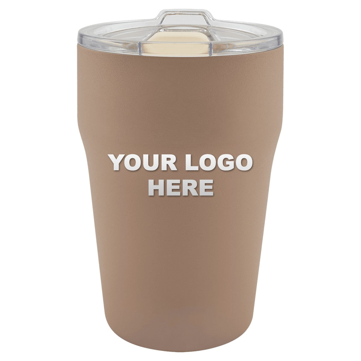 13 oz. ceramic-lined tumbler in Clay with YOUR LOGO HERE engraving placement