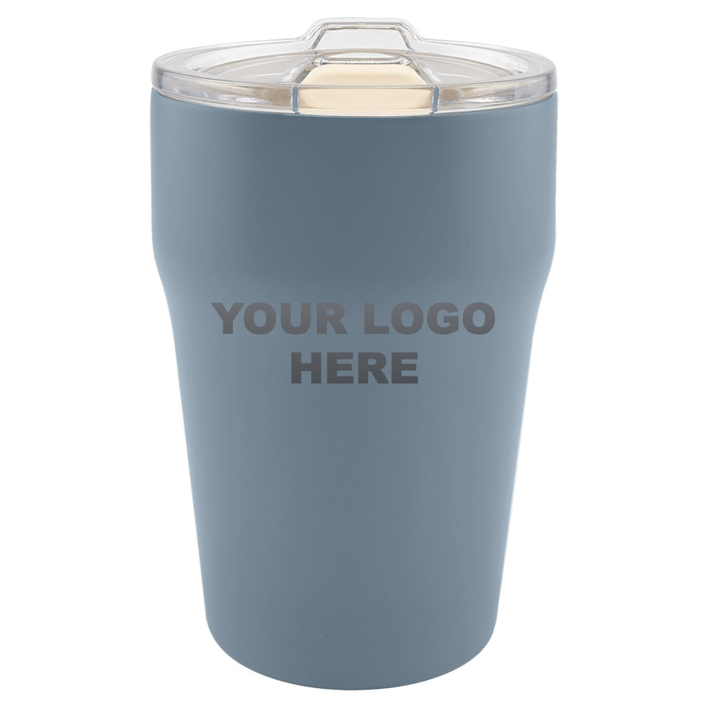 13 oz. ceramic-lined tumbler in Dusty Blue with YOUR LOGO HERE engraving placement