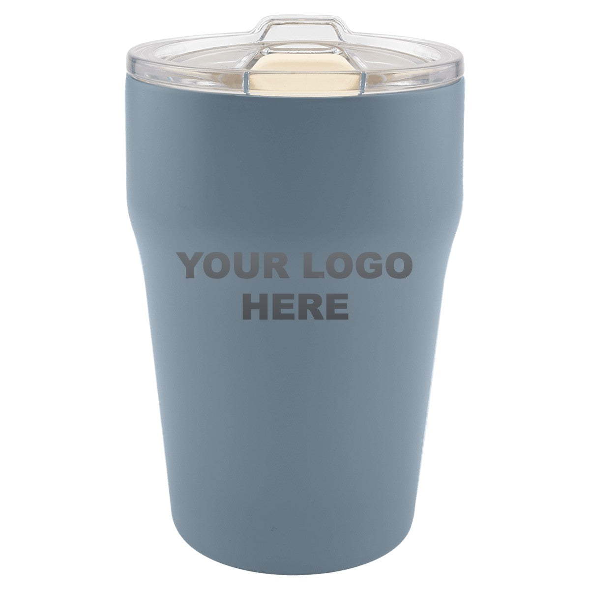 13 oz. ceramic-lined tumbler in Dusty Blue with YOUR LOGO HERE engraving placement