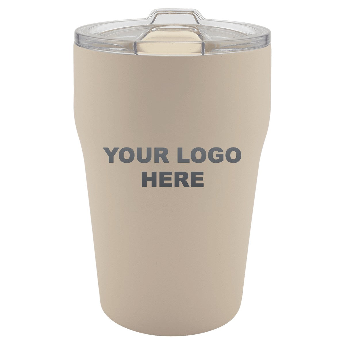 13 oz. ceramic-lined tumbler in Warm Sand with YOUR LOGO HERE engraving placement
