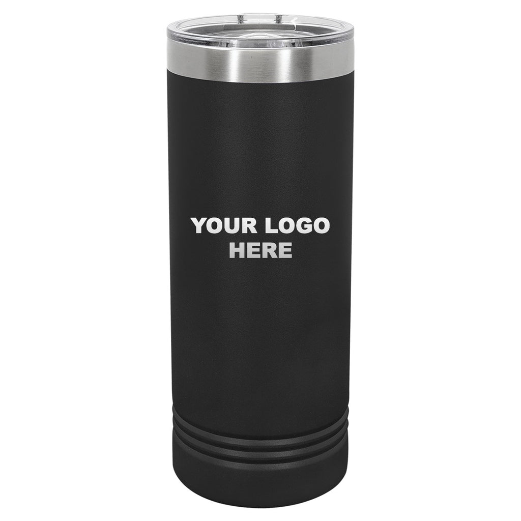 22 oz. skinny tumbler in Black with YOUR LOGO HERE engraving placement
