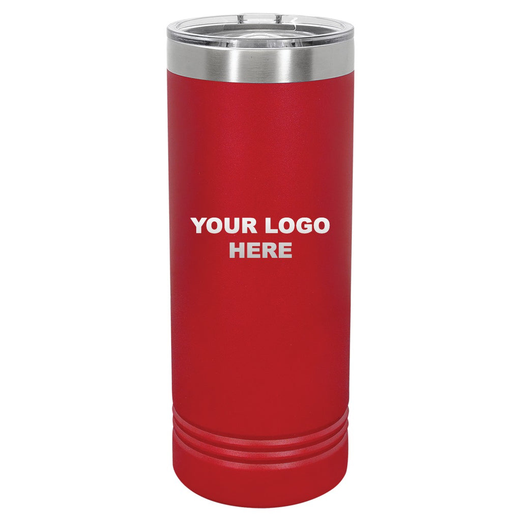 22 oz. skinny tumbler in Red with YOUR LOGO HERE engraving placement