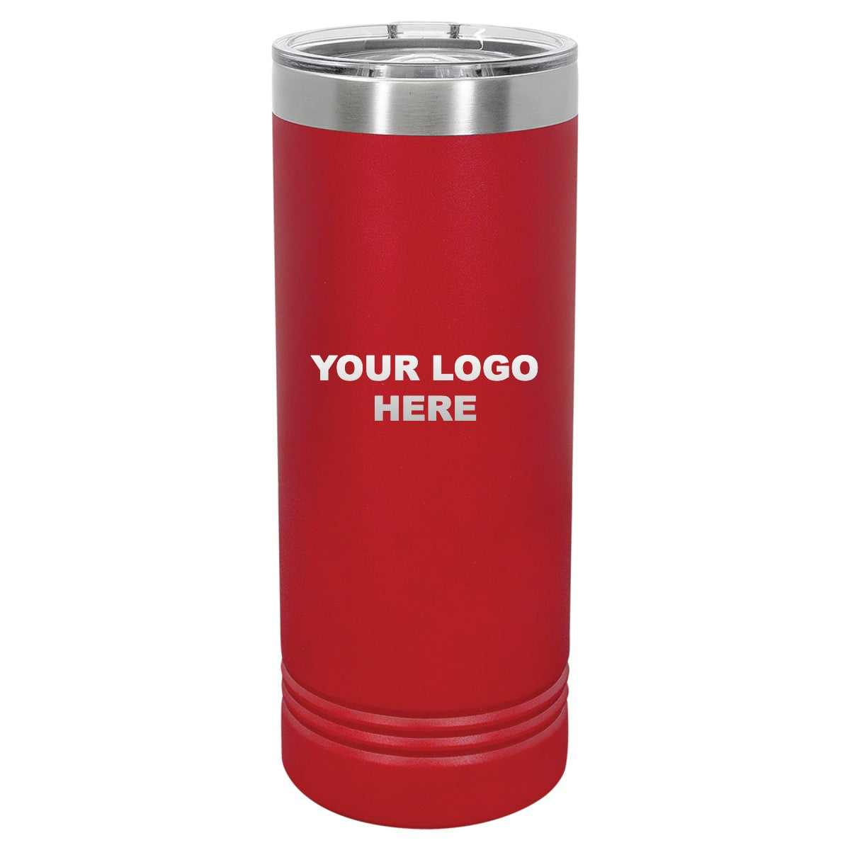 22 oz. skinny tumbler in Red with YOUR LOGO HERE engraving placement