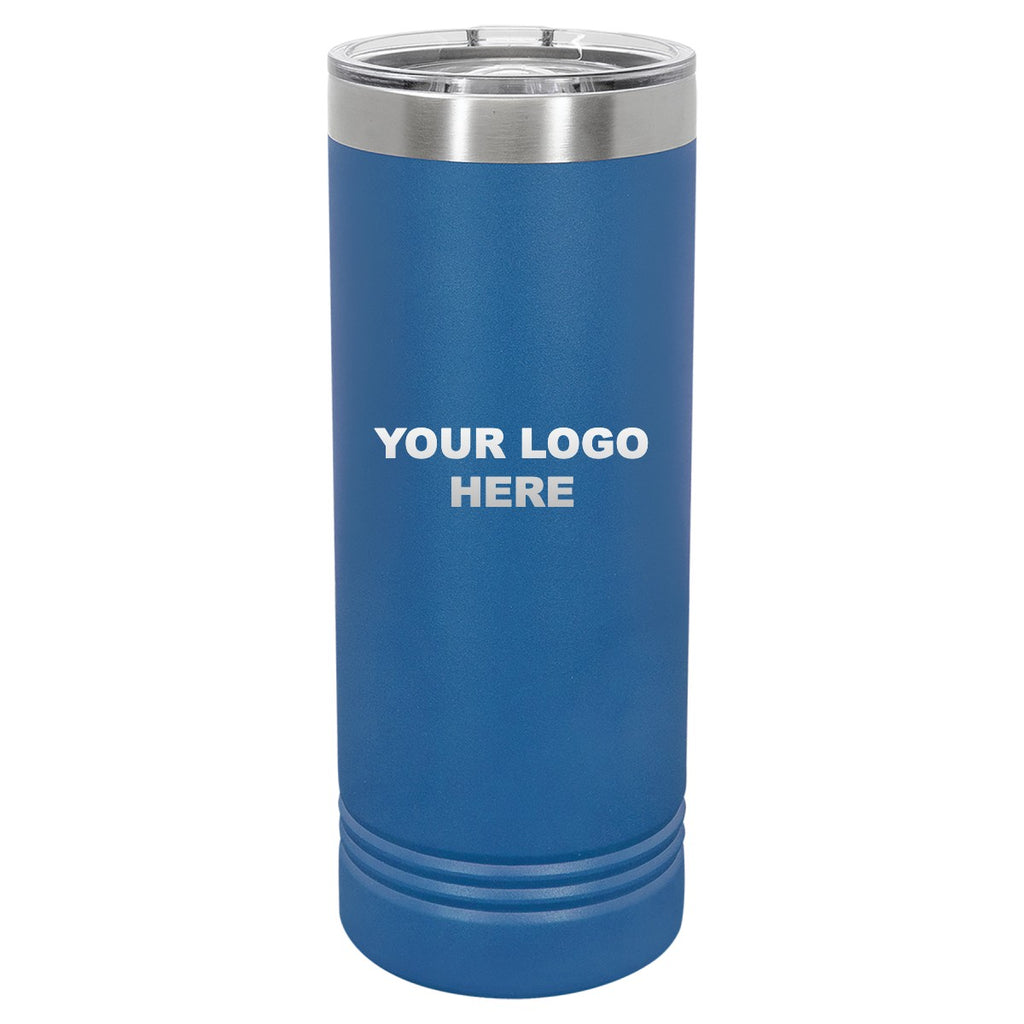 22 oz. skinny tumbler in Royal Blue with YOUR LOGO HERE engraving placement