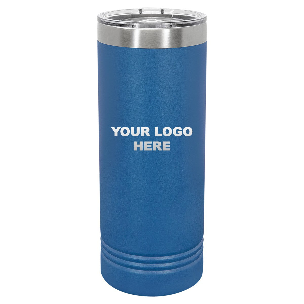 22 oz. skinny tumbler in Royal Blue with YOUR LOGO HERE engraving placement