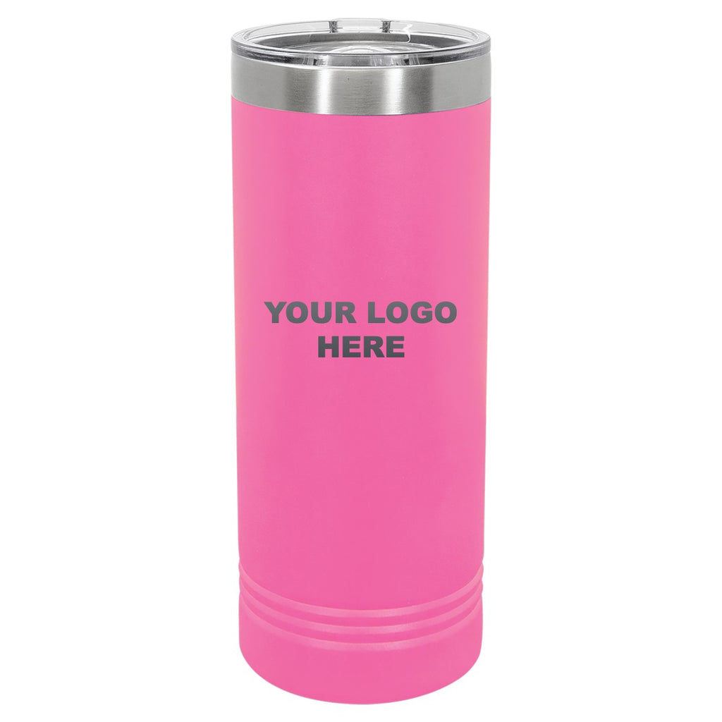 22 oz. skinny tumbler in Pink with YOUR LOGO HERE engraving placement