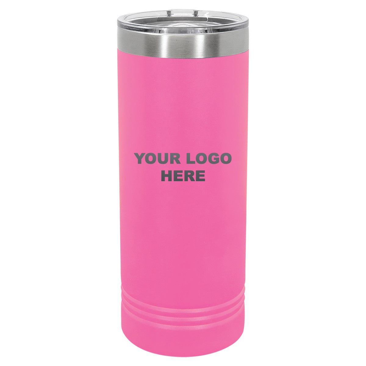 22 oz. skinny tumbler in Pink with YOUR LOGO HERE engraving placement